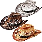 Vinsatin 3 Pcs Western Cowboy Cowgirl Hat with Wide Brim Adjustable Straw Hats for Women Men Adult Costume Party, 3 Colors