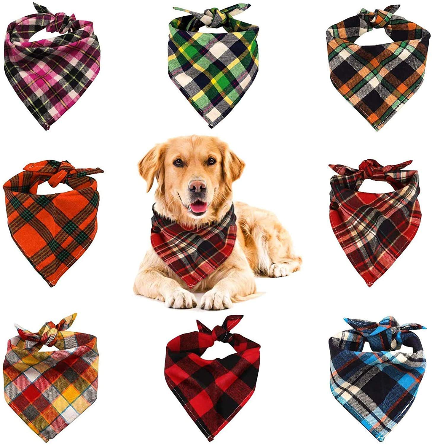 VIPITH, Bandana for Dogs, Pack of 8 Washable Reversible Adjustable Triangle Bibs for Pets and Cats (Random Color)
