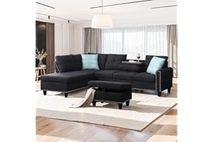 EMKK Sectional Sofa with Ottoman, Living Room Furniture Set, Left Facing Chaise, 2 Cup Holders,Comfy Upholstered Sofa&Couch Corner Couch for Apartment Office, 1-Modular Gray