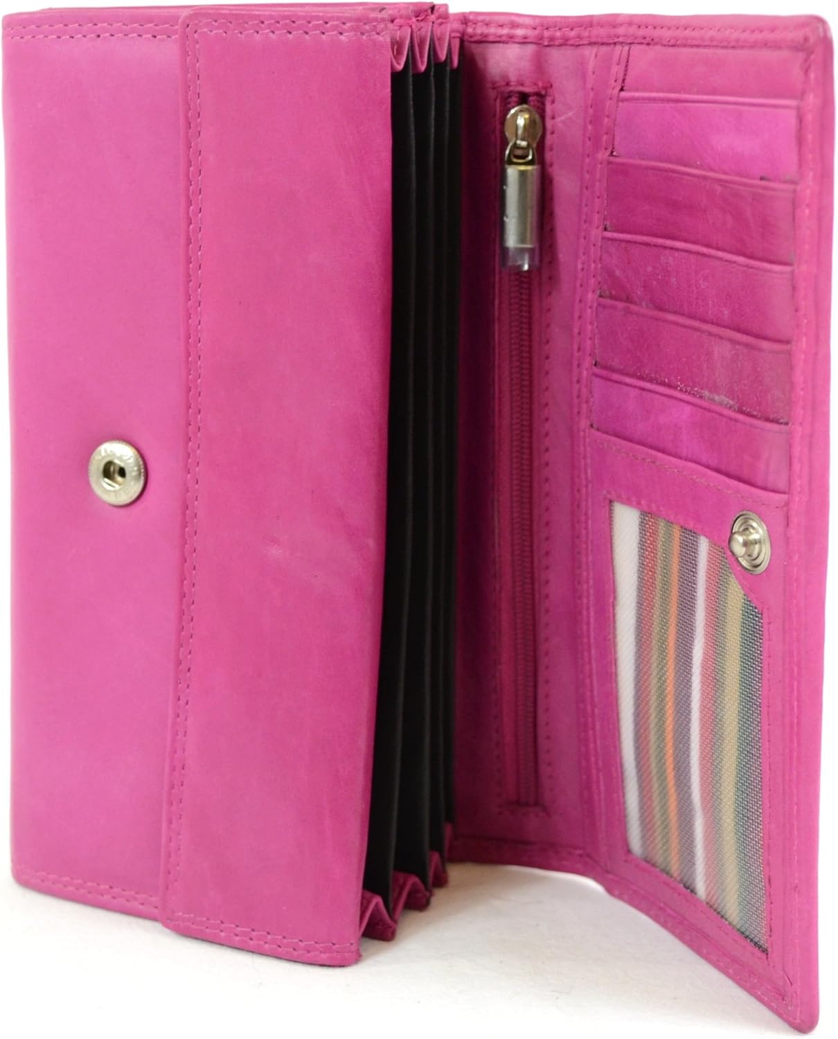Ladies Soft Real Nappa Leather Long Flap-over Purse with Inner Flap pockets (Lilac / Dark Brown / Mid Brown / Navy / Turquoise / Black) (Cerise Pink) - Image 4