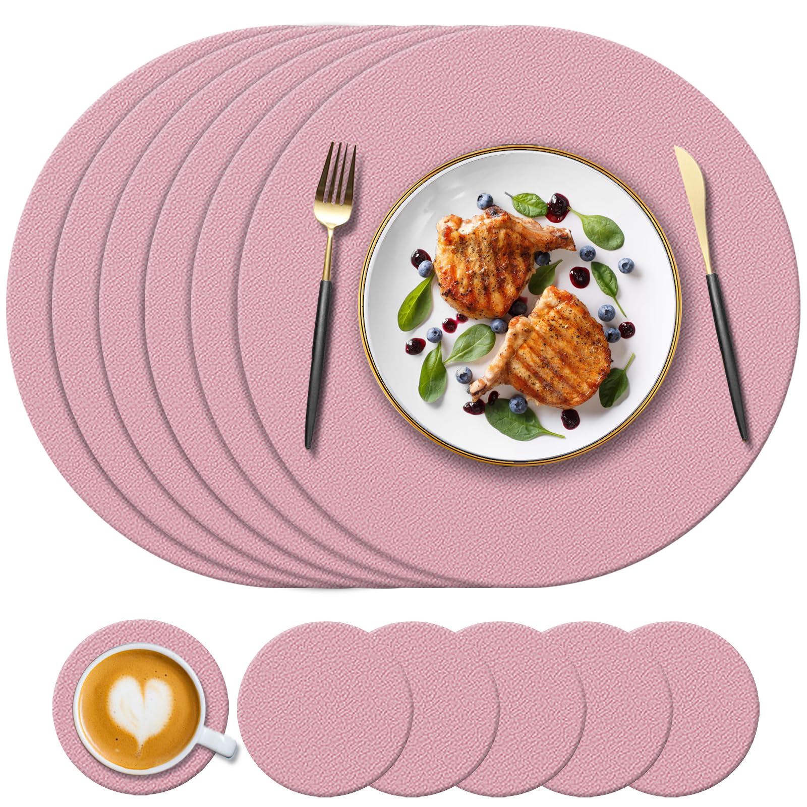KERYCHIN Round Silicone Placemats(34cm) and Coasters(10cm) Set of 6, Heat-Resistant 450 °F Placemats, Non-Slip and Washable, Tablemats for Home, Hotel, Restaurant, Kitchen Dining Table, Pink