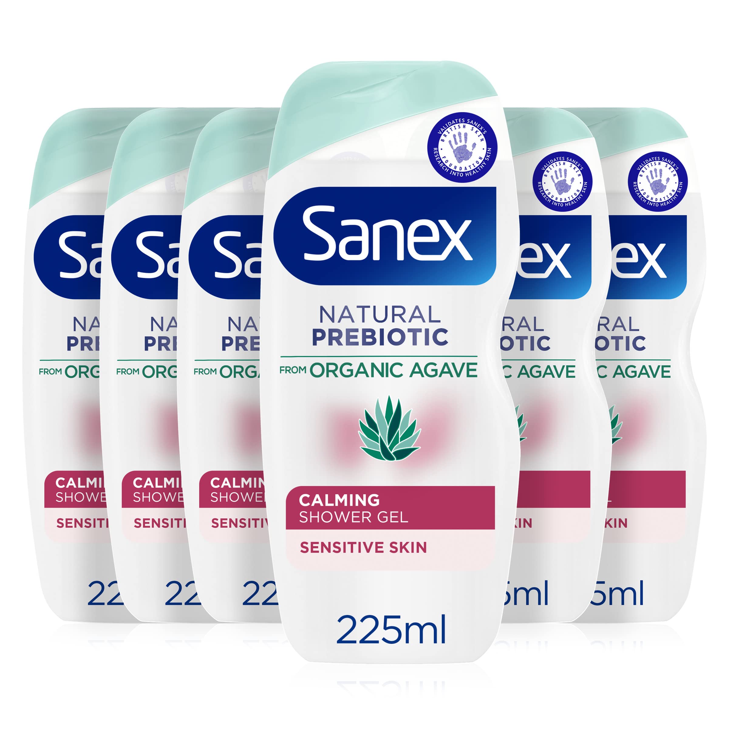 Sanex Organic Agave Calming Shower Gel 225ml , shower gel for sensitive skin , natural prebiotic from organic agave , moisturises and soothes skin , 12 hour hydration , supports natural skin balance