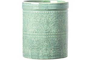 MIKIGEY Kitchen Utensil Holder, 7 Inches Large Ceramic Utensil Holder for Countertop, Lace Emboss Cooking Utensil Crocks for 