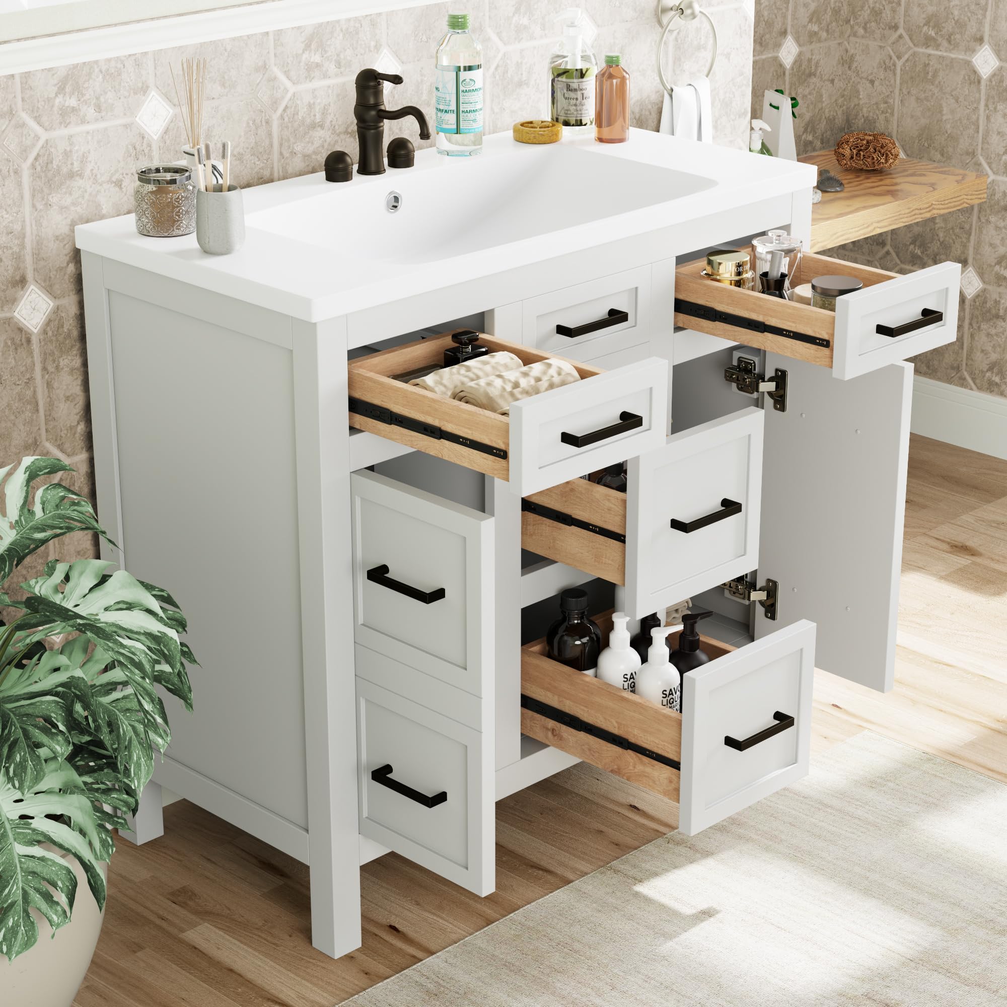 Photo 1 of **SELLING FOR PARTS AS PARTIAL SET. ONE BOX OF TWO **Merax Modern 36'' Bathroom Vanity with Single Sink Combo, Solid Wood Bathroom Storage Cabinet with 4 Drawers & 2 Doors, Freestanding Vanities Set with Adjustable Shelf White