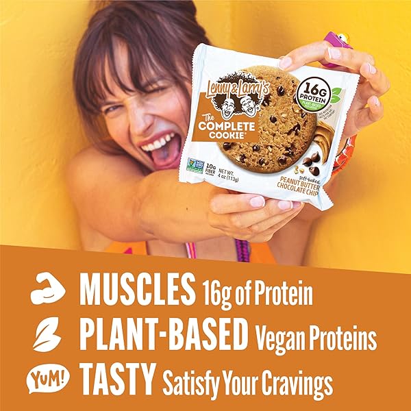 LENNY & LARRY’S COMPLETE PROTEIN COOKIE, [PEANUT BUTTER CHOCOLATE CHIP], CHEWY SOFT BAKED, 16G PLANT PROTEIN, VEGAN, NON-GMO, HIGH FIBER, [4 OUNCE] COOKIE (PACK OF 12)