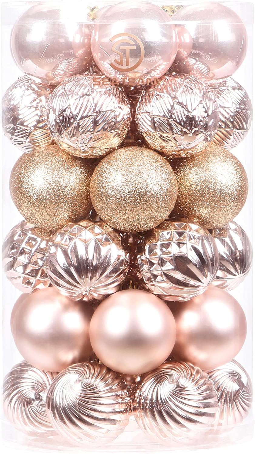 Ornaments - Sea Team 41-Pack Christmas Ball Ornaments with Strings, 60mm/2.36-Inch Medium Size Baubles, Shatterproof Plastic Christmas Bulbs, Hanging Decorations for Xmas Tree, Holiday, Wedding, Party, Rose Gold