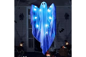 JOYIN Halloween Hanging Light up Ghost with Spooky Blue LED Light, 47” White Ghosts Halloween Hanging Decoration for Front Ya
