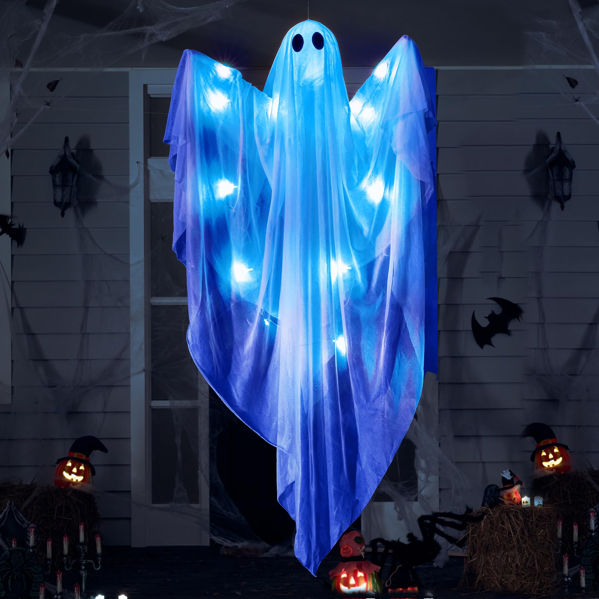 Photo 1 of JOYIN Halloween Hanging Light up Ghost with Spooky Blue LED Light, 47” White Ghosts Halloween Hanging Decoration for Front Yard Patio Lawn Garden Party Decor Indoor Outdoor