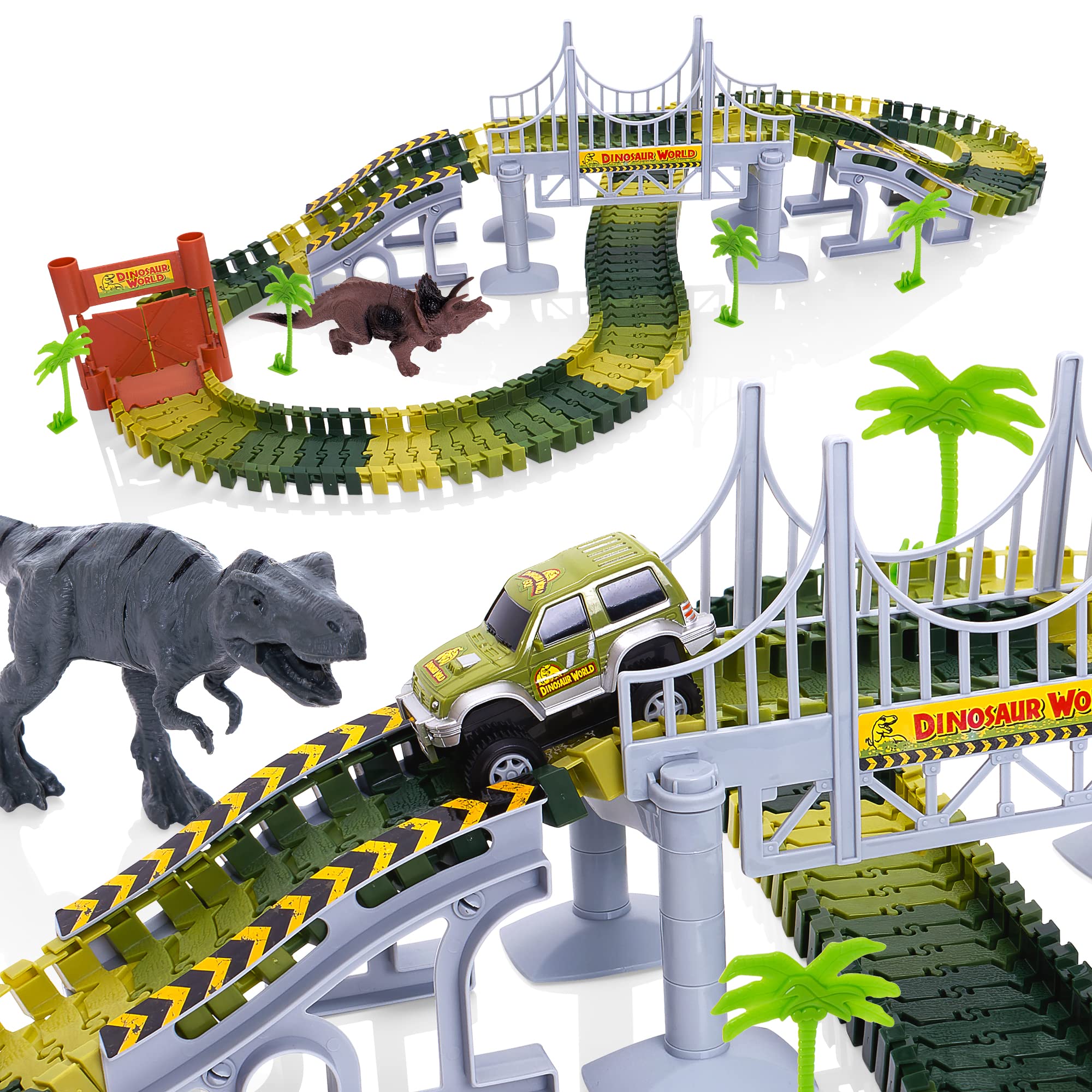 Create-A-Track Dino World Track Set | 142 Piece Flexible Jurassic Racetrack + Dinosaurs + Light Up Toy Car Playset