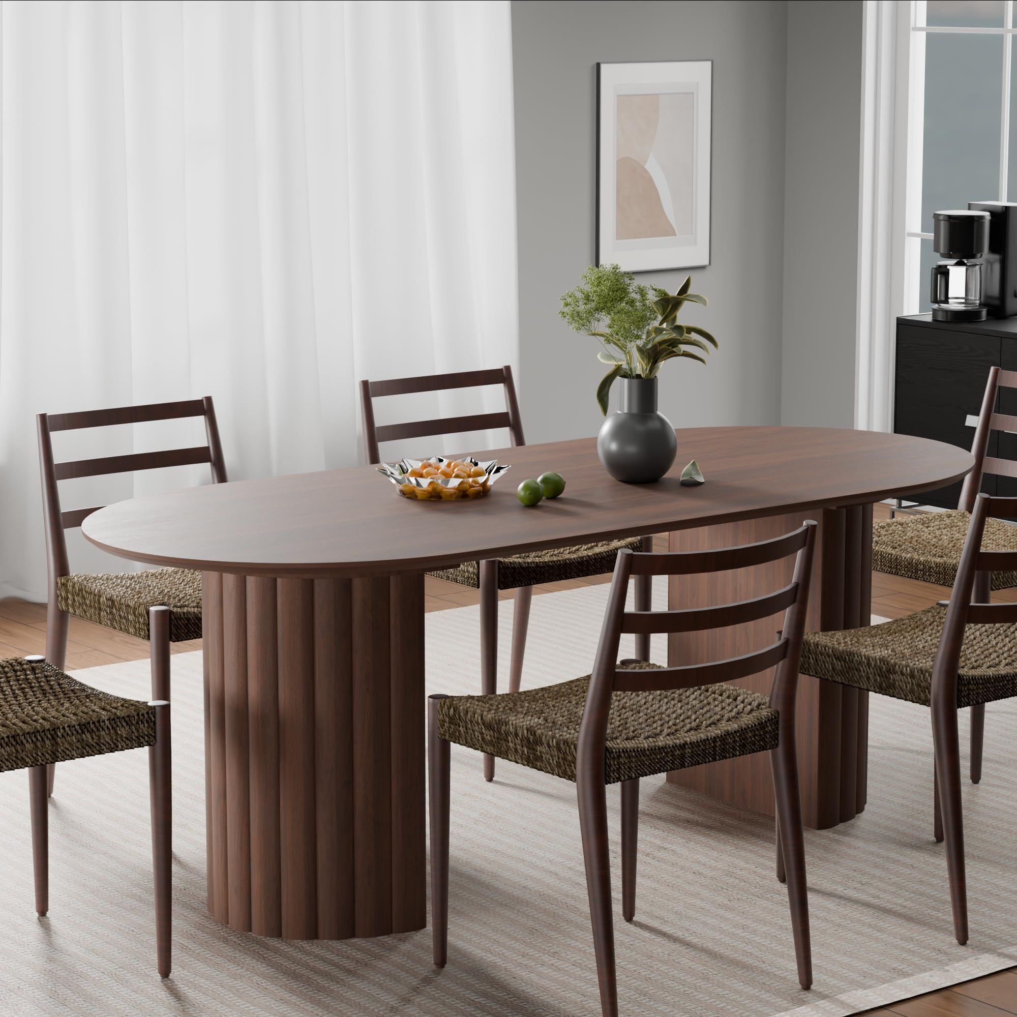 Photo 1 of ***ONLY TABLE**Casaphoria 79" Oval Dining Table, Modern Wood Kitchen Table with Cylinder Stripe Convex Base for Living Room & Dining Room, Easy Assembly Farmhouse Furniture for 6-8, Walnut