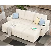 PaPaJet 84 Inch Sofa Bed, Sleeper Sofa with Storage, 2 in 1 Pull Out Couch | Storage Chaise, 2 USB &amp; Cup Holders, Tufted Cushion, Boucle White L Shaped Sofa for Living Room &amp; Guest Bedroom