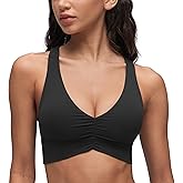 CRZ YOGA Butterluxe Ruched Longline Sports Bras for Women - V Neck Padded Yoga Tank Wide Straps Cross Back Crop Tops