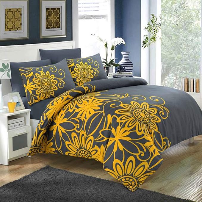 Adam Home Printed Quilt Cover Set (Helen Grey Mustard, Double