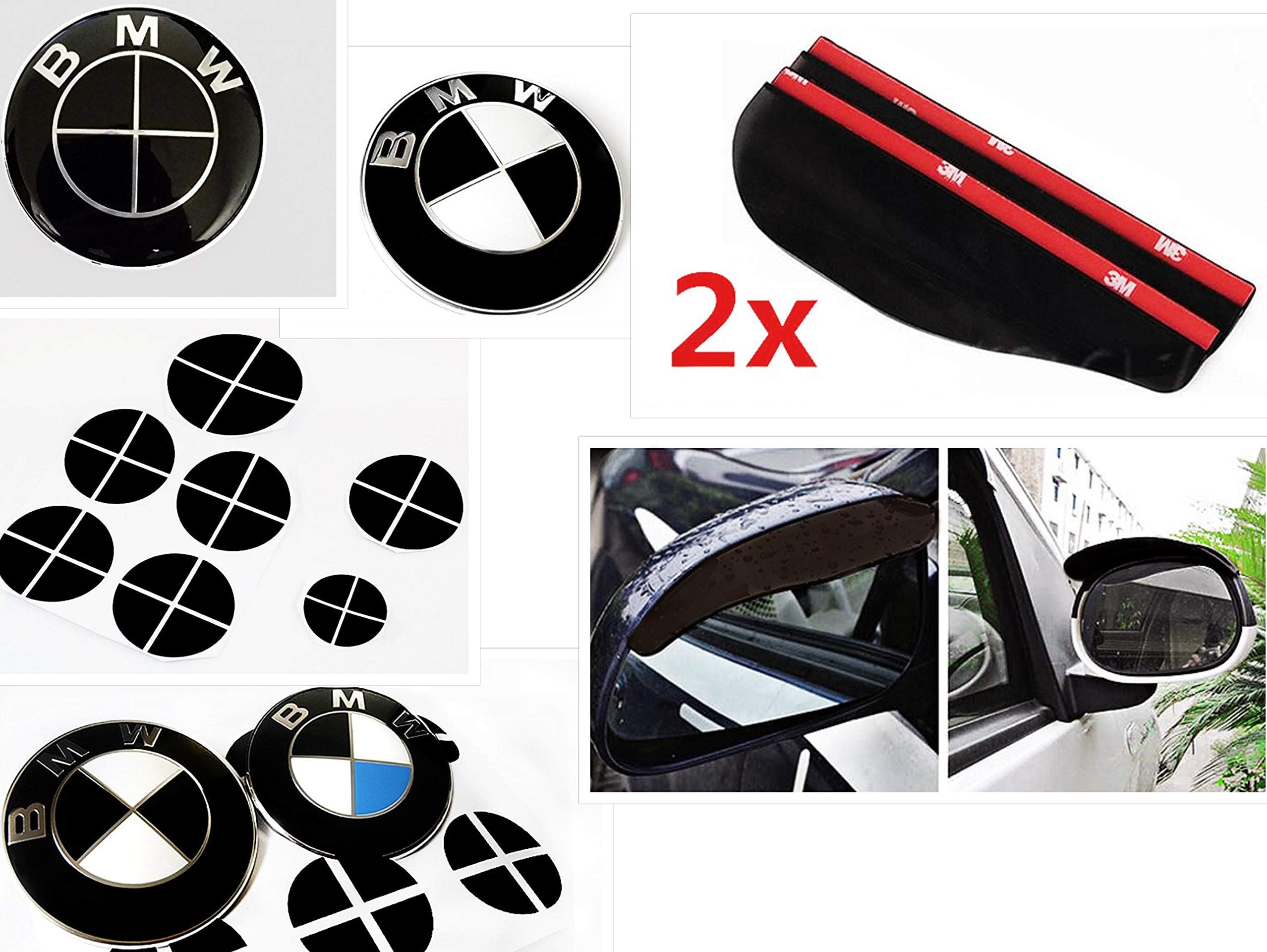 Matte All Black Stickers Overlay Vinyl for All BMW Emblems Caps Logos Roundels and 2X Rain Guard Shield Side Mirror Visor Bundle