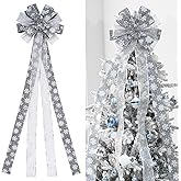 YINGQIWISH Christmas Tree Topper, Bow Large Christmas Bow Tree Topper, for Xmas Ornament Holiday Home Wedding Thanksgiving Indoor/Outdoor Decoration (Grey Silver)