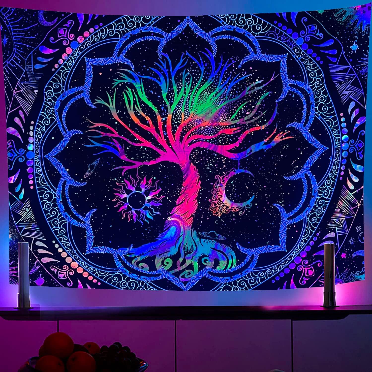 Tapestries - ARTHMOM Tree of Life Blacklight Tapestry UV Reactive Colorful Trippy Boho Mandala Wall Tapestry for Bedroom Aesthetic — Hippie Sun and Moon Wall Hanging (59