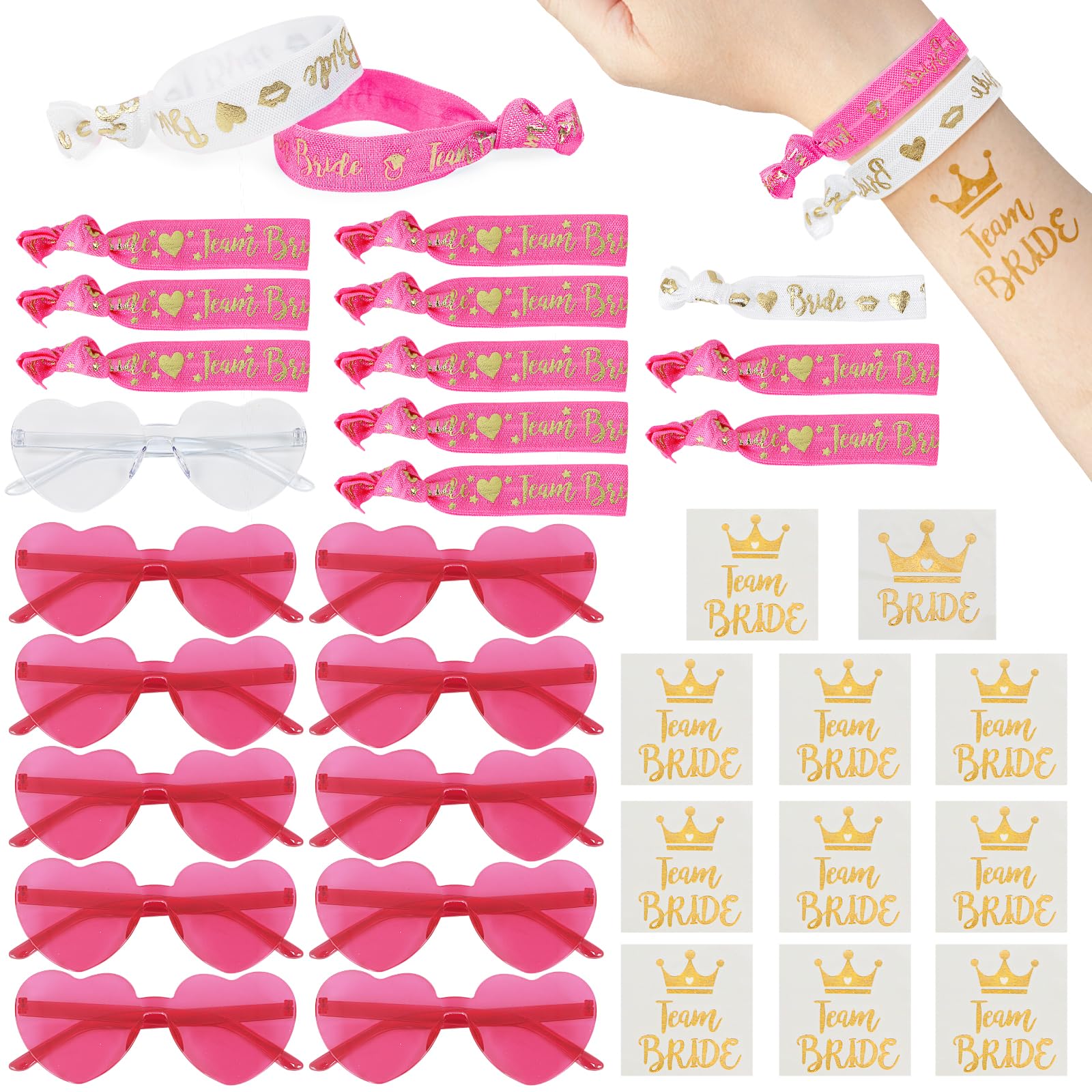 LACGO 33pcs Hen Party Accessories, Hen Do Accessories, Hen Party Decorations with Bride Team Wristband, Heart Shaped Sunglasses, Bride Tattoos for Wedding Bridal Shower Bachelorette Hen Party (Pink)