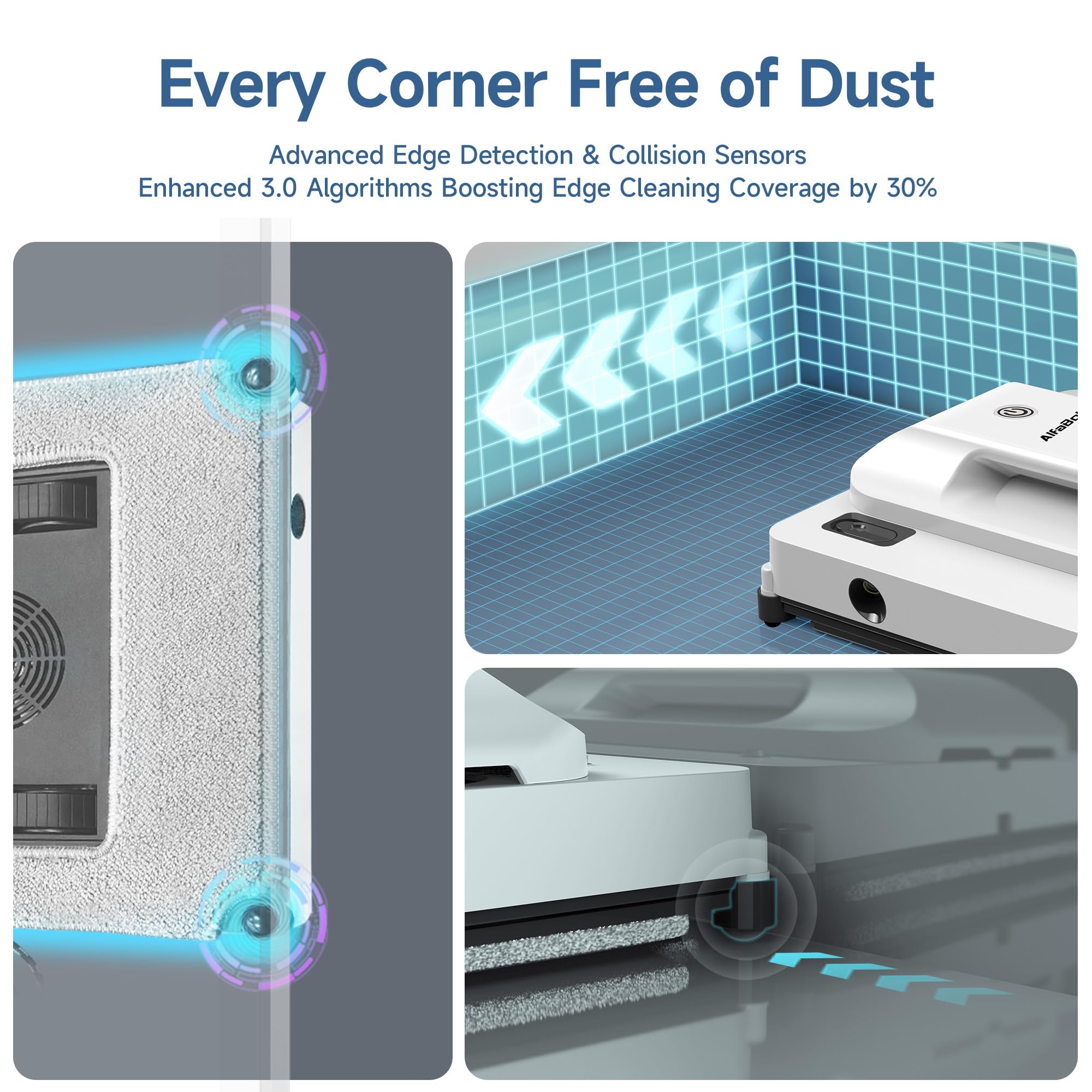 AlfaBot Robot Limpiacristales, Boquillas Dobles con Pulverizador Ultrasónico, Robot Limpiacristales 5000Pa con Detección de Bordes, 3 Planificación Inteligente de Rutas, Sistema Antideslizante