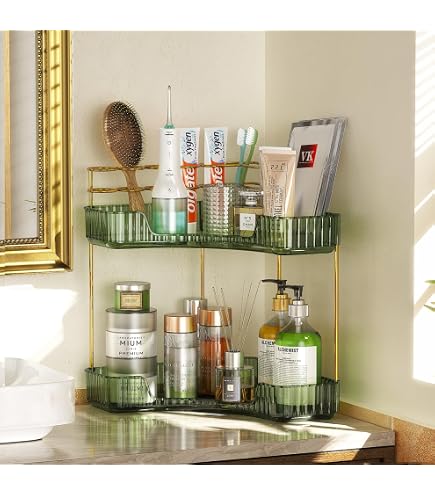 Kinkota 2-Tier Makeup Organizer For Vanity | Bathroom Countertop Storage With Hooks, Corner Design (Green) - View #6