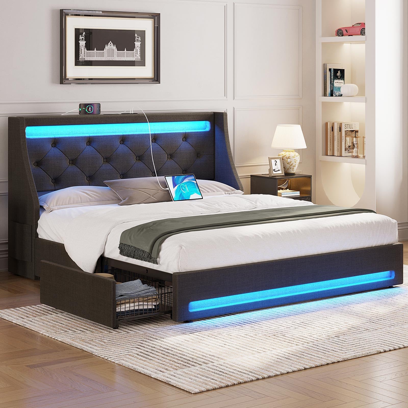 Rolanstar Queen Bed Frame with LED Lights and Charging Station, Upholstered Bed with Drawers, Wooden Slats, Noise Free, Easy Assembly, Dark Gray Image Rolanstar Queen Bed Frame with LED Lights and Charging Station, Upholstered Bed with Drawers, Wooden Slats, Noise Free, Easy Assembly, Dark Gray Image