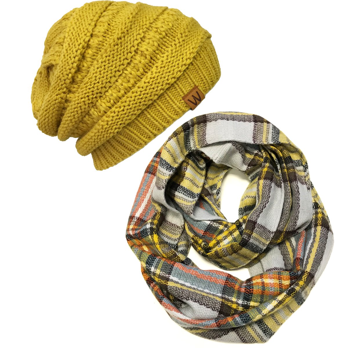 Wrapables Plaid Print Winter Infinity Scarf and Beanie Hat Set, Tan and Orange Wrapables Plaid Print Winter Infinity Scarf and Beanie Hat Set, Tan and Orange