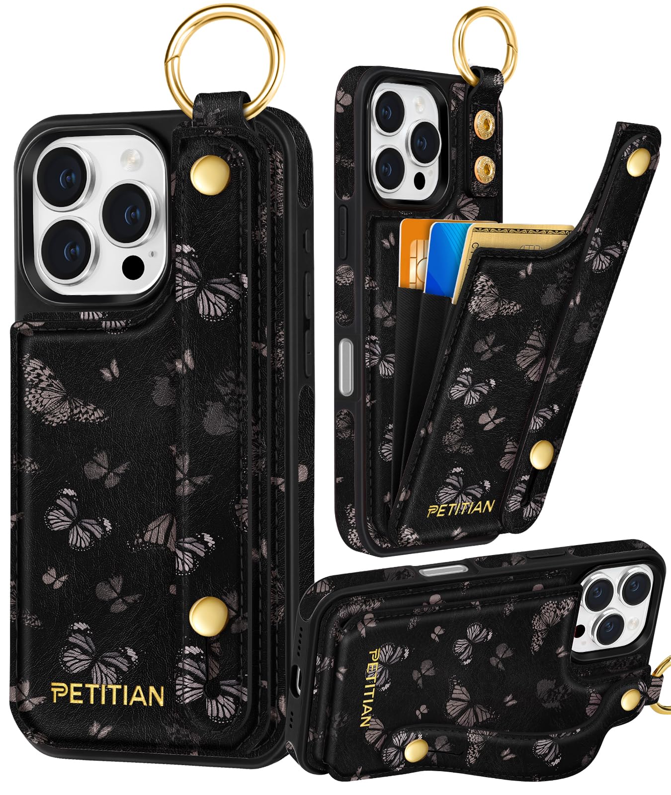 Photo 1 of Petitian for iPhone 16 Pro Max Case Wallet - Women Girls Cute Girly Aesthetic Unique Design Leather Credit Card Holder Cardholder Stand Wristband for iPhone 16 Pro Max, Black Butterfly