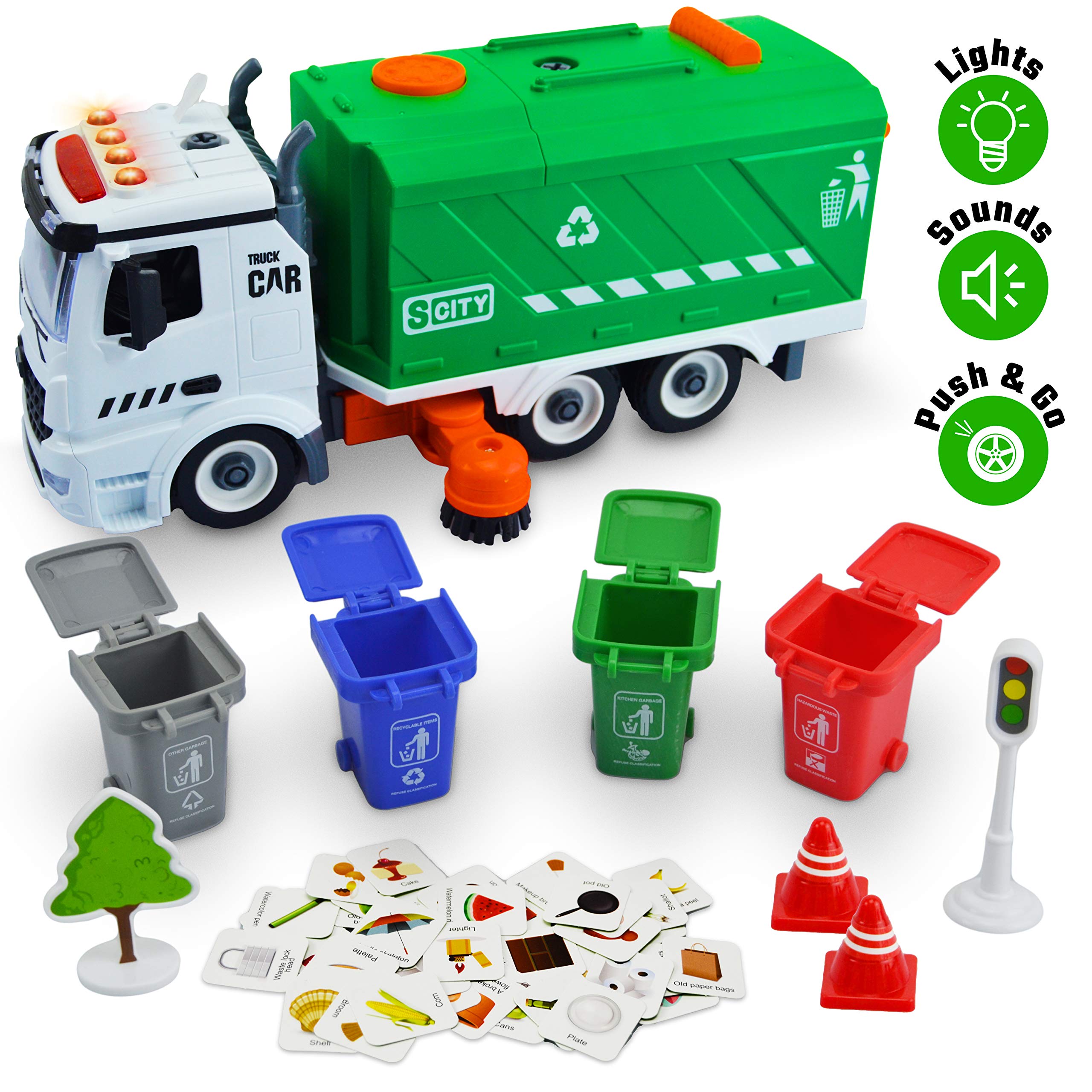 71 Pcs Take Apart Garbage Truck Playset - 1:12 Scale Push & Go + Electric Drill, Sounds & Lights, Road Signs Set, 4 Trash Cans & 40 Flash Cards for Learning - Recycling Truck for boys ages 4 5 6 7 8 +