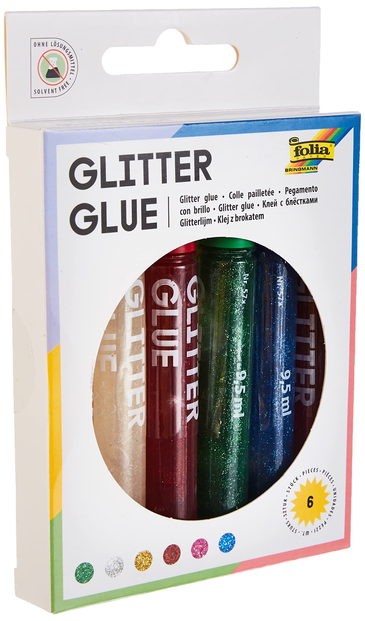 folia 570 - Glitter Glue, Glue Sticks with Glitter, 6 Pens Assorted in 6 Colours, 9.5 ml Each - for Painting and Decorating