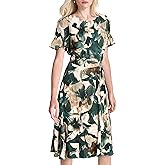 DKNY Womens Flutter Sleeve Round Neck Waist Tie Midi Dress