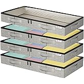 4.5 Inches Under Bed Storage Containers with Sturdy Sidewalls/Bottom and Reinforced Handles,Low Profile Underbed Storage for Clothes,Shoes,Pillows and Blankets with Zips and Clear Windows,4 Pack