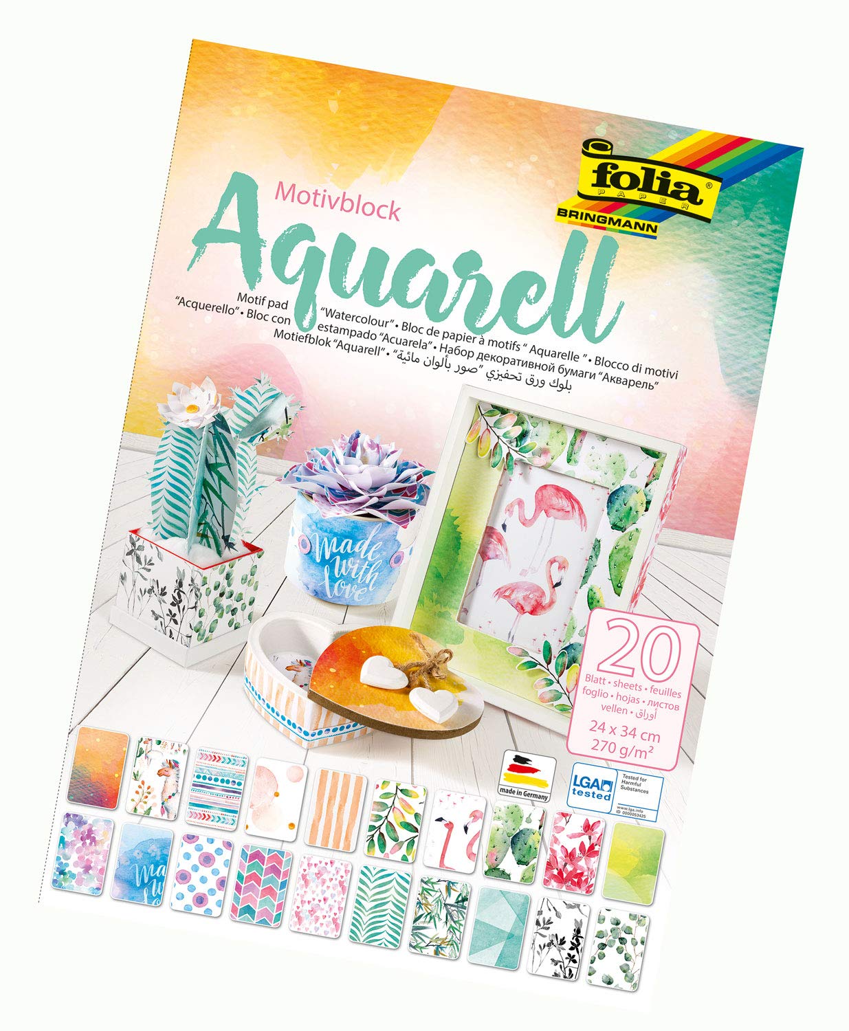 folia 48749 Watercolour Motif Pad 20 Sheets Approx. 24 x 34 cm 270 g/m² Assorted in 20 Different Designs for Crafts and Creative Design of Cards, Window Pictures and Scrapbooking