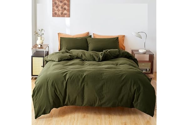 FANSTIVE Olive Green Cotton Duvet Cover Set Linen Feel, Queen | 100% Washed Cotton, Super Soft Breathable Comfy, All Season,