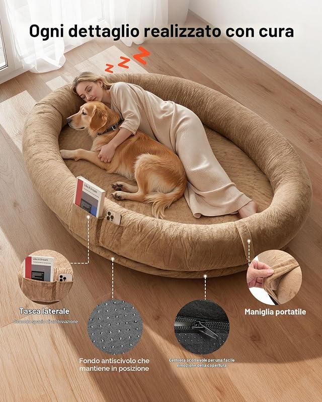 Letto Stile Cane per Umani Amici Pelosi da 1770 x 1230 x 240 mm, Letto per Cani a Misura Umana, con Tasca Laterale, Maniglia e Cerniera, Fodera Rimovibile e Lavabile in Lavatrice, Pelo Corto