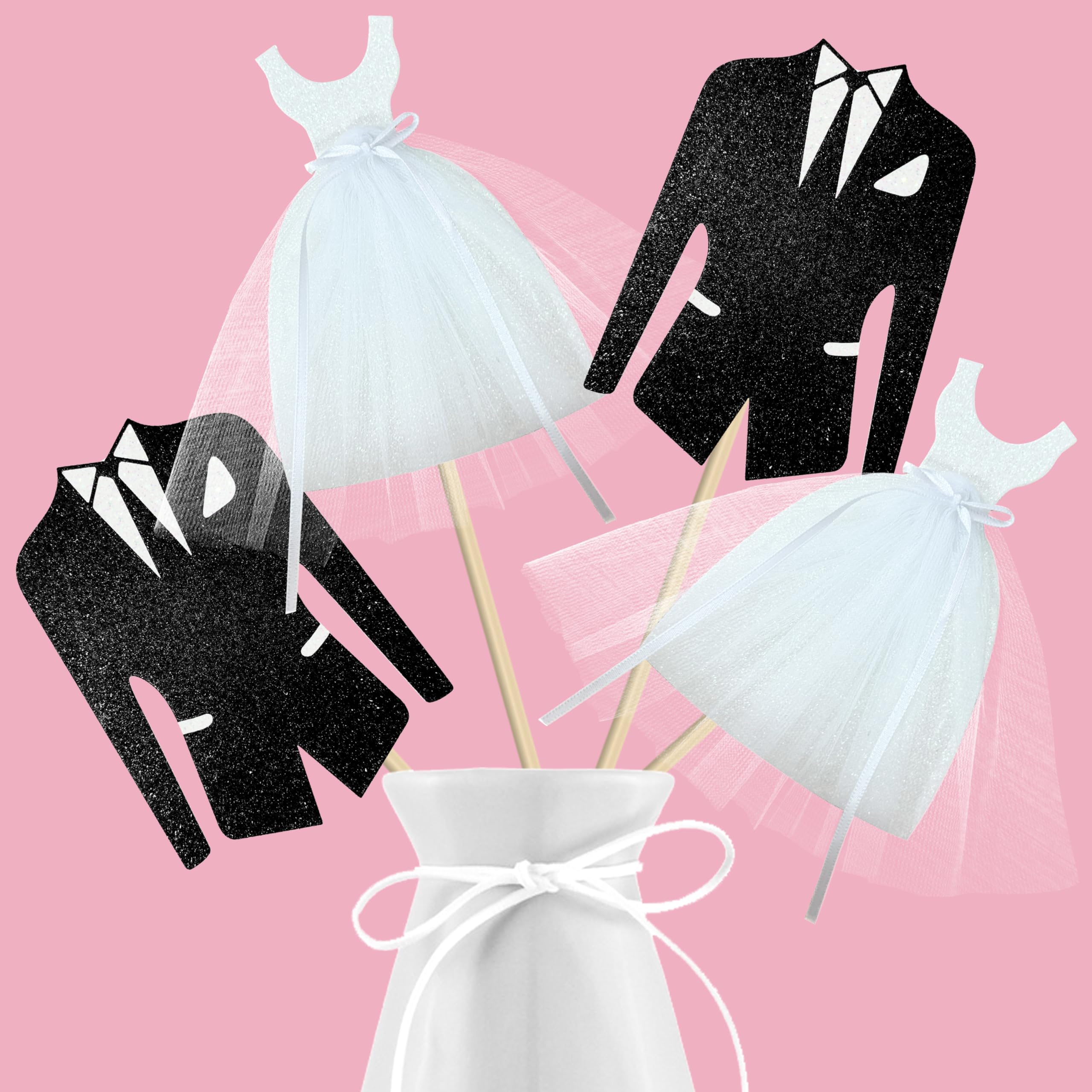 Photo 1 of 8pcs Bridal Shower Centerpiece Sticks Glitter Wedding Party Centerpiece Decorations for Bride and Groom White Tulle Dress Black Tuxedo Dress Theme Party Table Toppers for Bridal Shower Supplies
