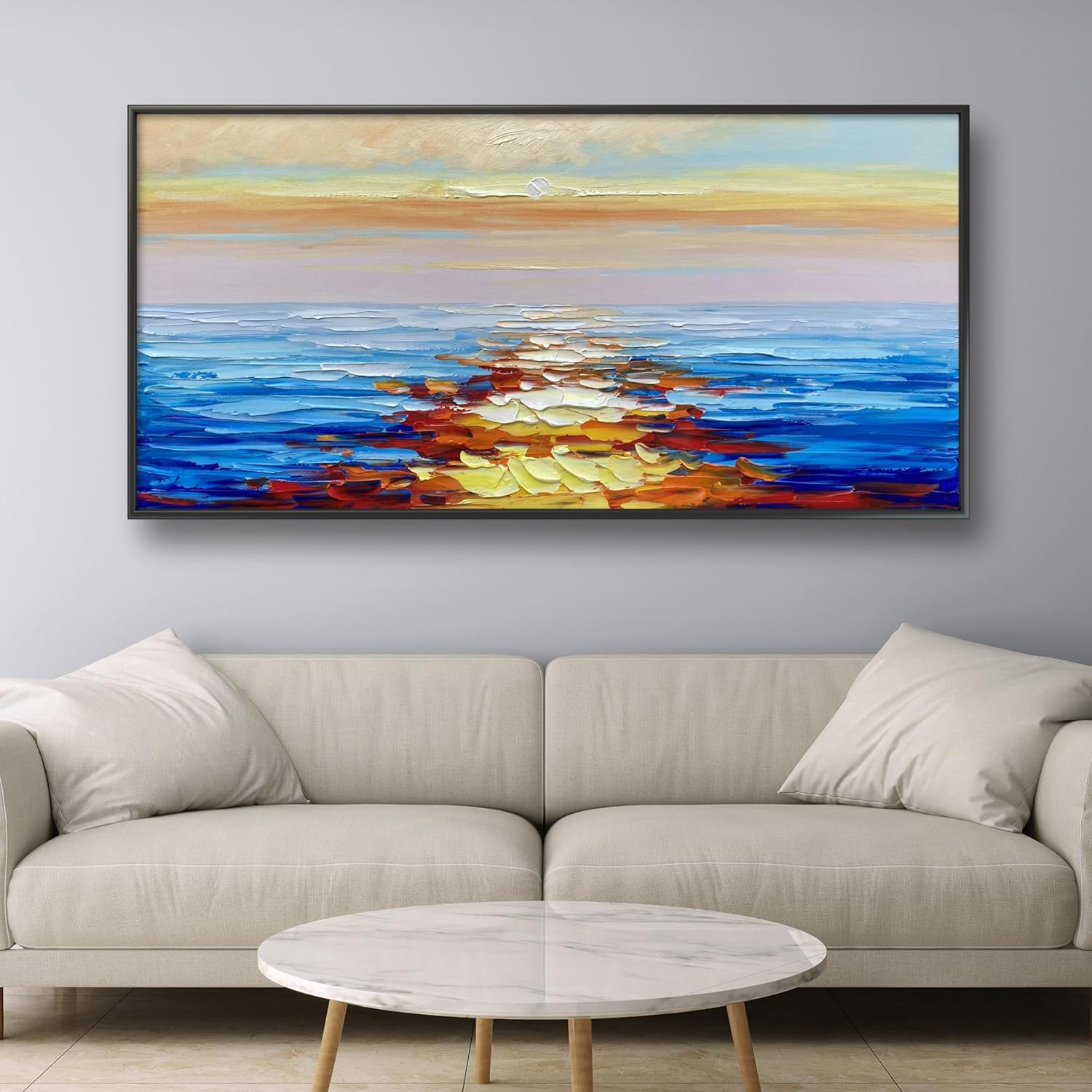 Paintings - JENLLY Modern Wall Art 100% Hand-painted Oil Painting Sunrise Over the Sea Nature Picture Ready to Hang 24 * 48 Inch Canvas Wall Art for Living Room
