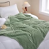Linecooo Sage Green Fleece Throw Blanket 90”×90” for Couch Sofa Bed,Super Soft Cozy Plush Microfiber Flannel Blanket with Stripes Design Lightweight for Adults,Woman,Girls