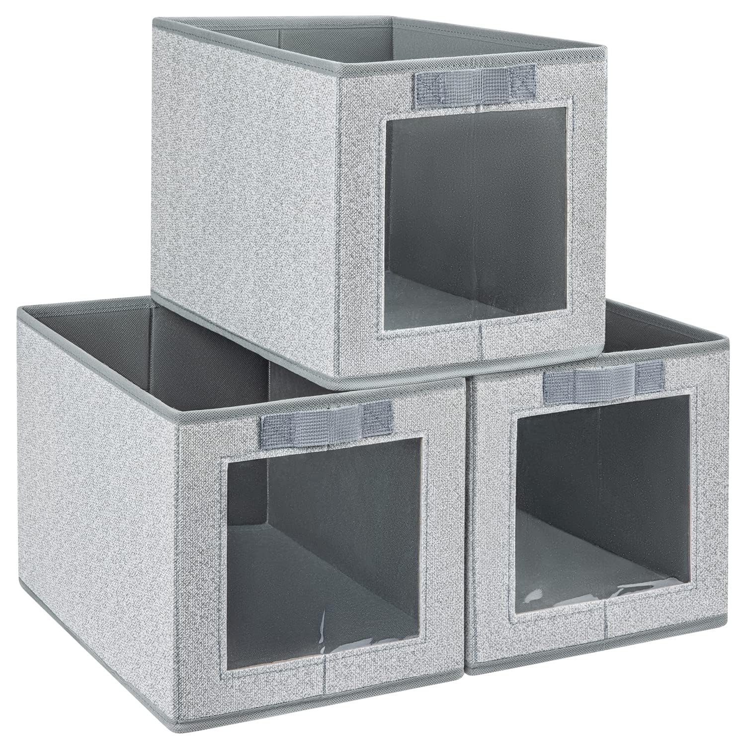 DIMJ Foldable Storage Boxes with Transparent Window Fabric Collapsible Storage Bin Basket with Handle for Wardrobe, Closet, Shelves Organiser (34 * 23 * 23 cm, Foggy Grey)