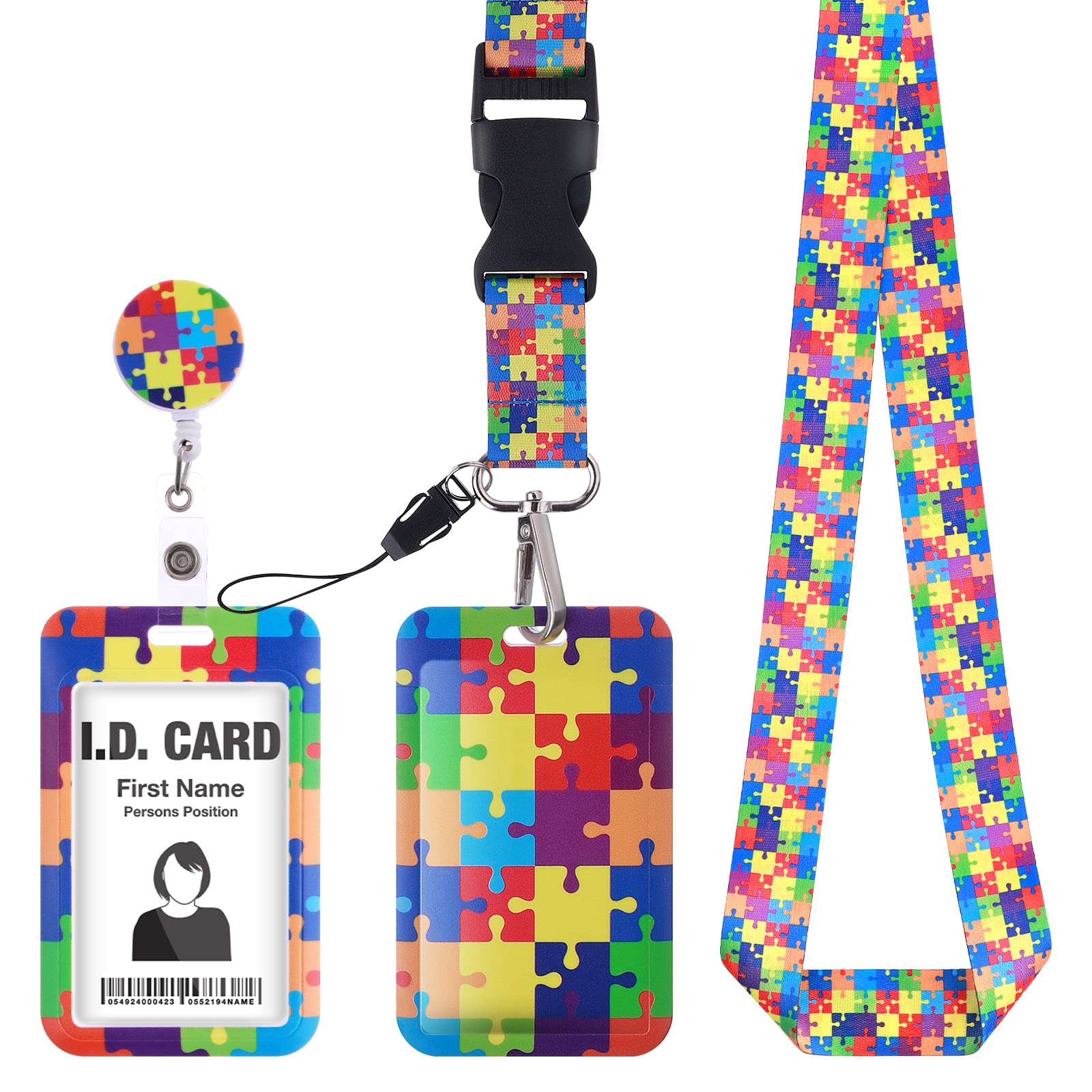 cobee ID Badge Holder with Breakaway Lanyard, Retractable Autism Awareness Badge Holders with Reels and Detachable Puzzle Badge Lanyards Fashionable Neck Crossbody Lanyard Name Credit Card Protector