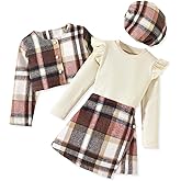 HINTINA Toddler Girl 4 Pieces Outfits Ruffles Long Sleeve Tops Plaid Skirt Jacket And Hat Fall Winter Clothes Set