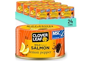 Clover Leaf Wild Flaked Salmon Lemon Pepper, 80g, 24 Easy-Peel Cans - Flavoured High Protein Canned Pink Salmon for Snack, Sa