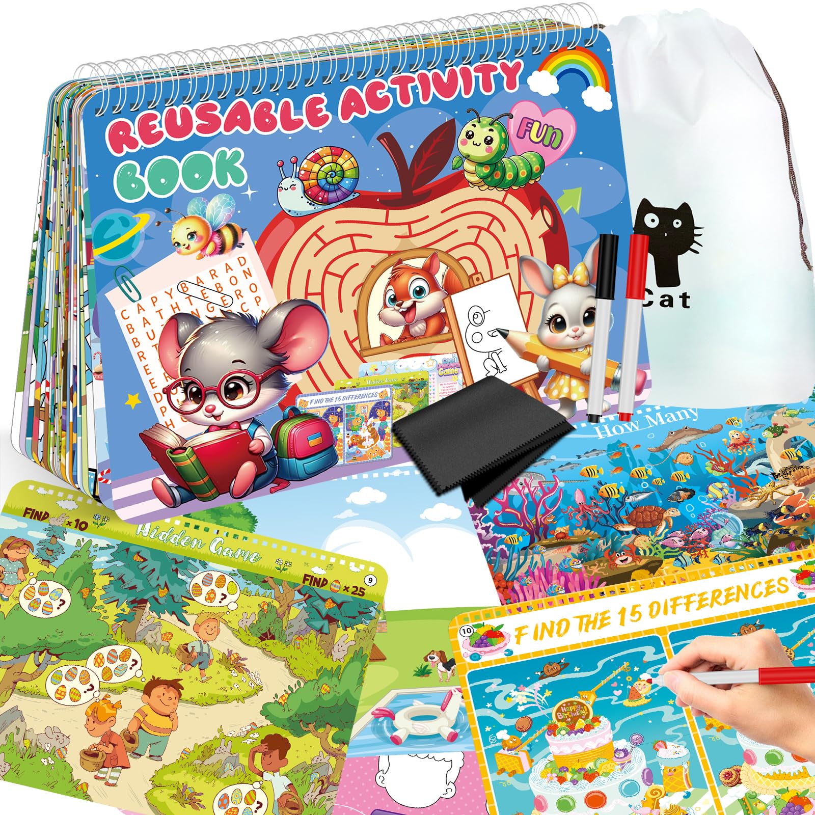 Elfew Preschool Reusable Activity Book for Kids Ages 3-5, 30+ Reusable Plane Activities for Kids 4-8, Travel Toy, Educational Toys for 3,4,5 Year Olds, Toddler Activity Book, Easter Basket Stuffers