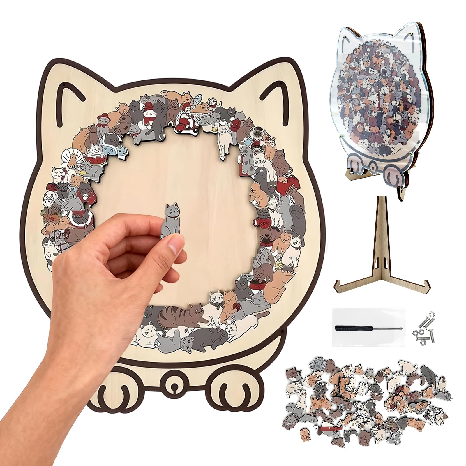 Wooden Cat Jigsaw Puzzles for Adults, 135-Piece Morandi-Colored Cat Shaped Wooden Puzzle with Accessories, Unique Cute Animal Puzzle for Home Decor, Ideal Christmas or Birthday Gift for Cats Lovers