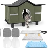 PAWAWH Heated Outdoor Cat House with Self Warming &amp; Self Cooling Mat &ndash; Waterproof Stray &amp; Feral Shelter with Breathable Mesh Door &amp; Elevated Plastic Base for Stray/Barn Cat | Easy Assembly