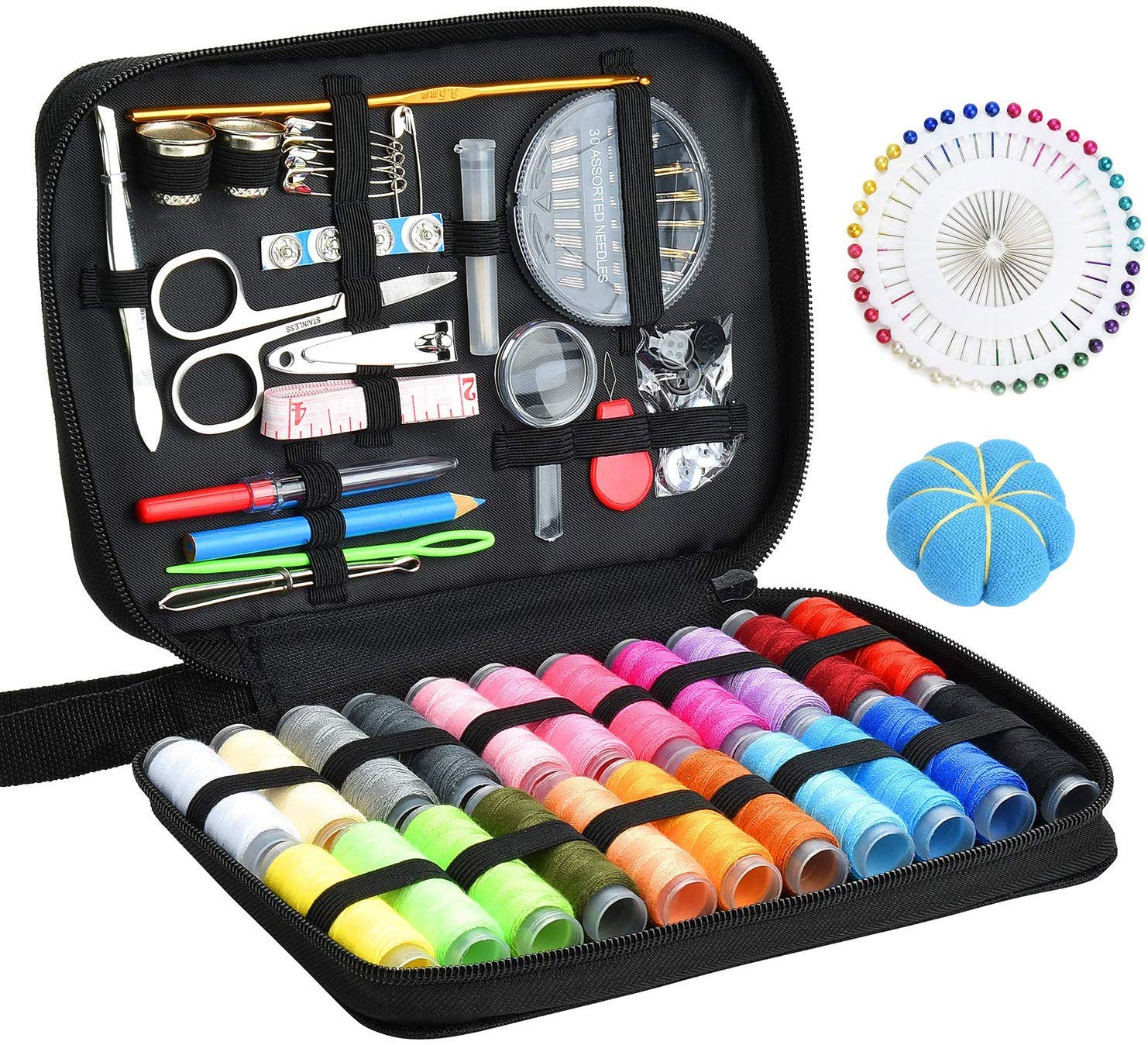 Sewing KIT 126 Pcs DIY Sewing Supplies with 22-Color Threads & Needles, Portable Mini Sewing kit for Beginner, Traveller and Emergency Clothing Fixes, with Premium Black Carrying Case