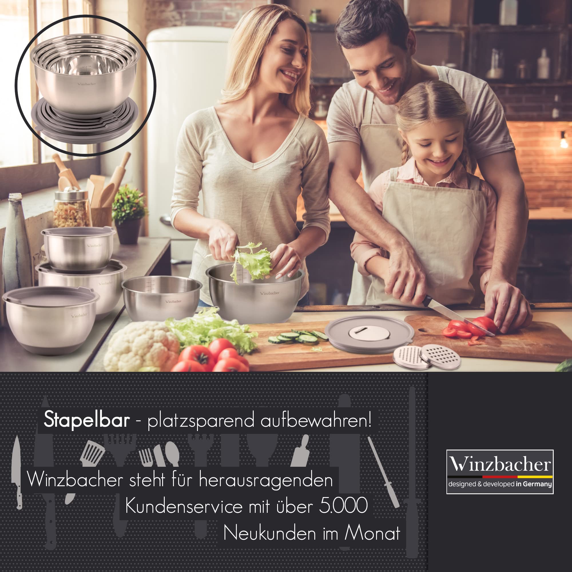 Winzbacher Edelstahl Schüssel mit Deckel [5er Set] 1l + 1.5l + 2.5l + 3.5l + 4.5l | Rührschüssel, Salatschüssel, Schüsselset, | rutschfest | stapelbar | inkl. Reibe 7