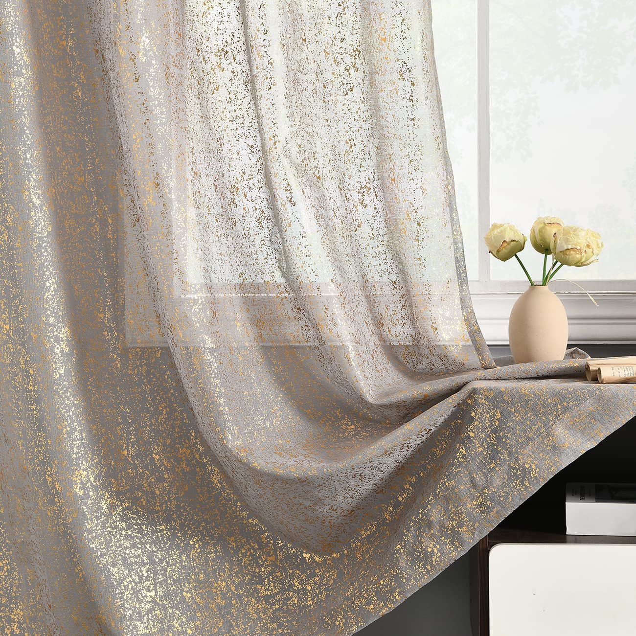 Photo 1 of TERLYTEX Grey Gold Sheer Curtains 84 Inch Length, Metallic Gold Foil Sparkle Glitter Sheer Curtains for Living Room, Rod Pocket Privacy Sheer Window Curtains, 52 x 84 Inch, 2 Panels, Grey Gold