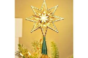 ODEETRONIC Christmas Star Tree Topper, 8 in 120V UL Certified Double Sided 8-Point Star Christmas Treetop Lights, Indoor Lighted Xmas Treetop for Bedroom Home Party Wedding Decor, Gold, Warm White