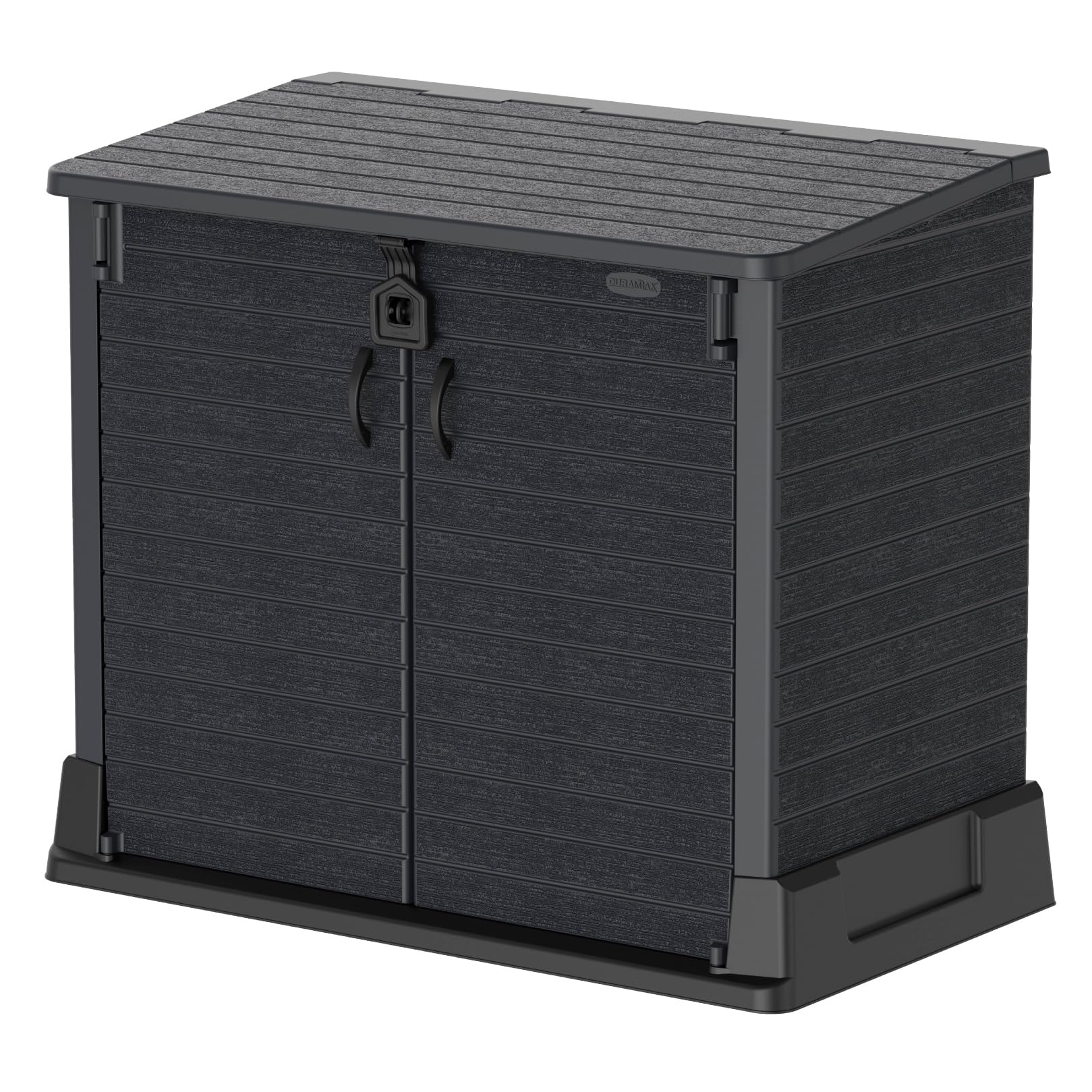 Duramax Cedargrain StoreAway 850L Plastic Garden Storage Shed - Outdoor Storage Shed, Wheelie bin box, Durable Construction, Ideal for Tools, BBQs & 2x 120L Garbage Bins, 130x74x110 cm, Dark Grey
