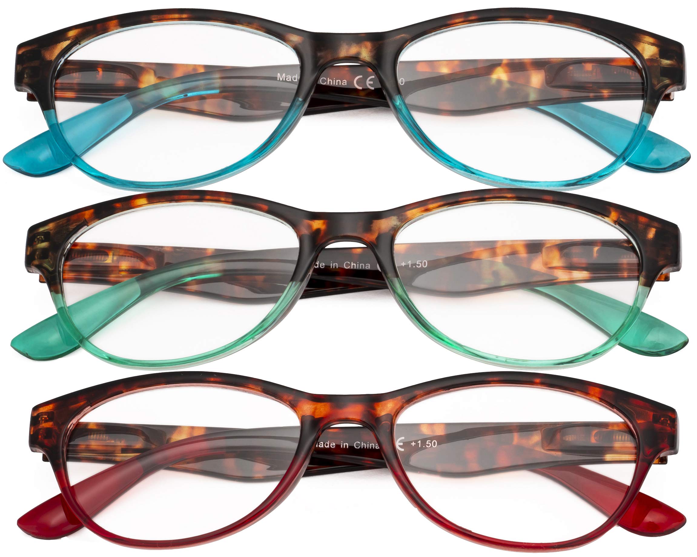 CessBlu 3 Pack Ladies Reading Glasses Cat-Eye Design Eyeglasses for Women Reading +1.0