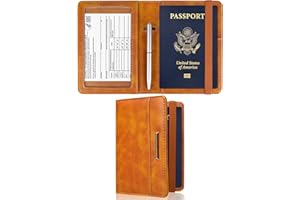 Caweet Passport Holder and Vaccine Card Holder Combo RFID Blocking Leather Vaccination Card Wallet with Elastic Band Closure, Brown